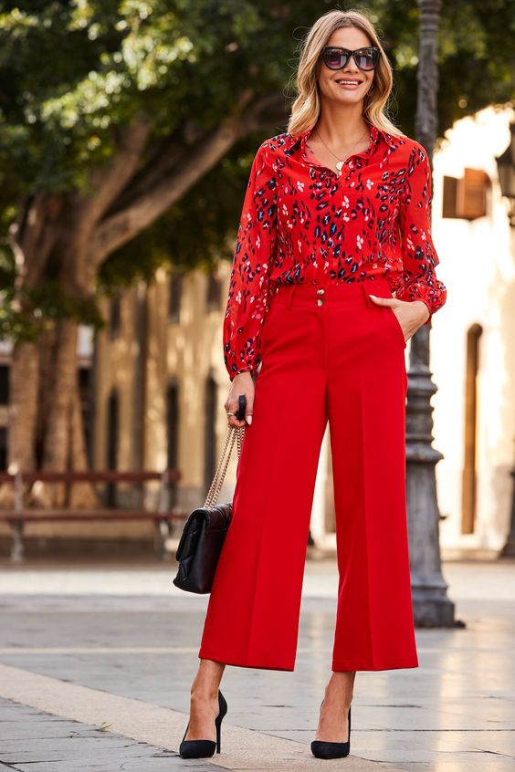 Printed Red Blouse with Cropped Red Pants